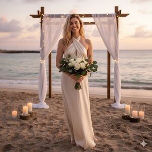 Fame And Partners Sz 4 Champagne  Bridal Satin Halter Open Back Maxi Dress